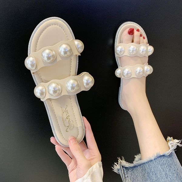 

string bead slippers women summer beach shoes slides pantofle sabot soft 2020 flat rubber pu basic fashion, Black