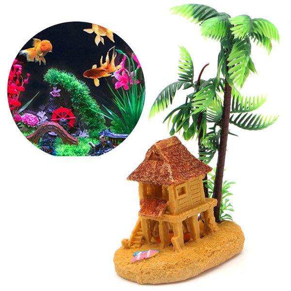 

1pc coconut tree castle aquarium decoration polyresin artificial aquarium plants aquario simulation background