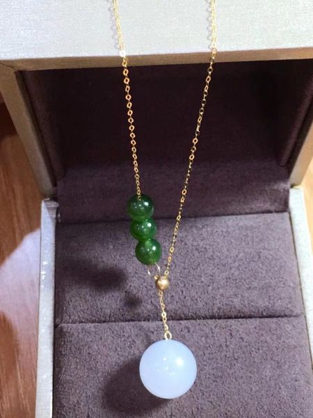 

zhe ru jewelry 14k gold inlaid natural hetian white jade 12mm round bead pendant necklace clavicle chain, Silver