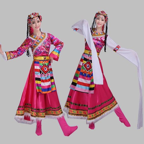 

luxury tibetan costume long sleeve dance costume ethnic clothing performance dancewear womens clothing square dance costumes, Black;red