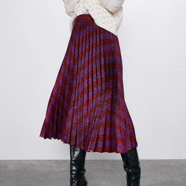 

zoepo striped printed skirts women fashion casual loose pleated skirt women elegant mid calf skirts female ladies ko, Black