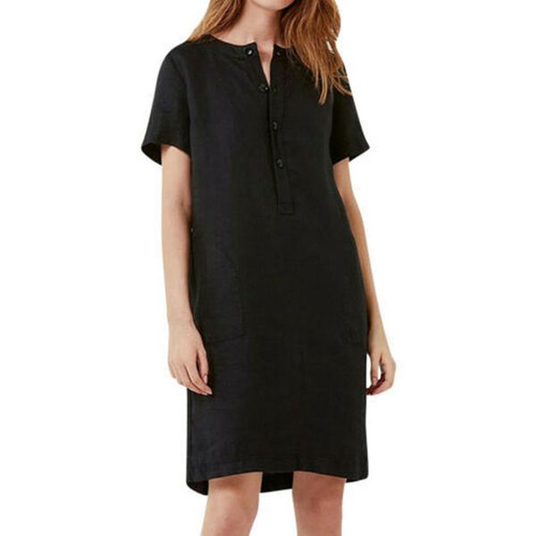 

plus size cotton linen dress women summer short sleeve pocket loose dress casual ladies button boho beach dresses s-3xl vestidos, Black;gray