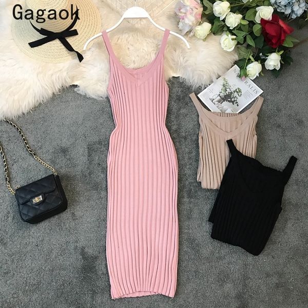

gagaok women bodycon dress 2020 summer & club sheath solid spaghetti strap v-neck empire stretch dress chic wild vestidos, Black;gray