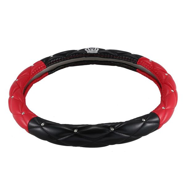 

car steering wheel cover universal crystal crown pu leather steering wheel cover 15 inch black & red