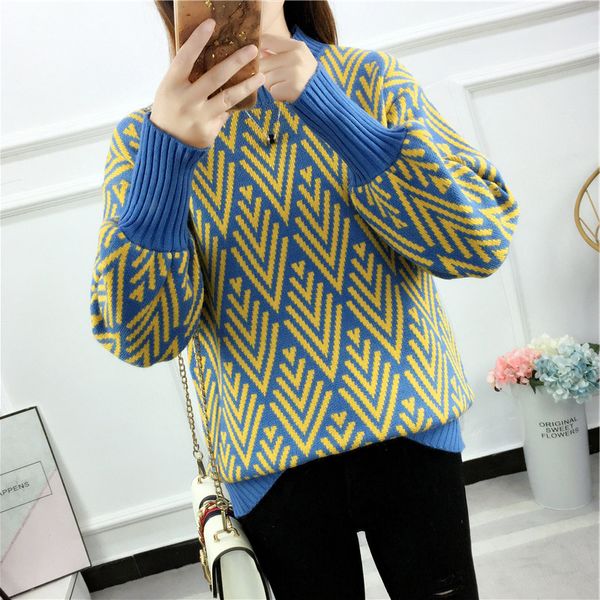 

2019 sweater women's loose turtleneck lantern sleeve half turtleneck sweater student jacquard thin top, White;black