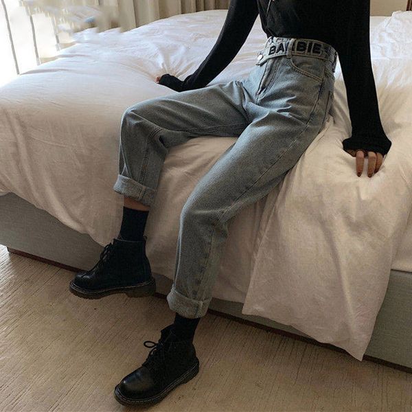 

summer vintage high waist with belt mom jeans women boyfriend loose straight jeans korean female wide leg denim pants streetwear, Blue