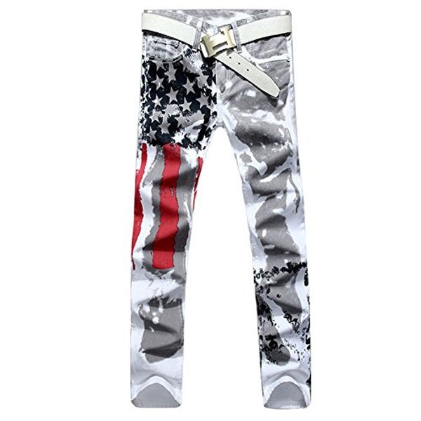 

longe mens american usa flag printed washed jeans pants white fit trousers, Blue