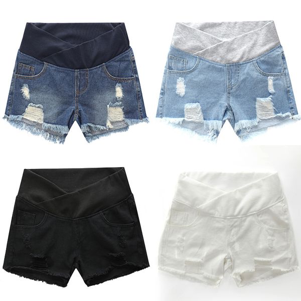 

fashion low waist denim maternity shorts summer cool ripped jeans for pregnant women clothing with pocket pants pregnancy shorts, White