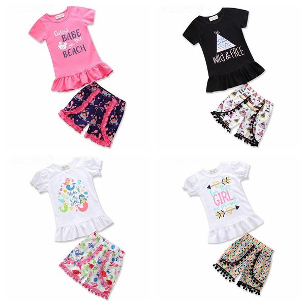 Baby Girls Outfits ins Детские рубашки Шорты 2 шт. Наборы Короткие Рукав Девушка Одежда Установлена ​​Летняя Детская Одежда 4 Дизайн Оптовая DHW2654