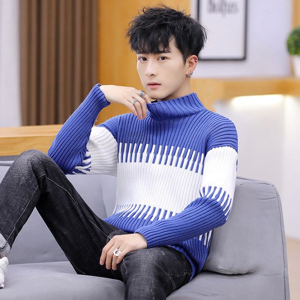 

fall 2019 new men half a turtleneck stripe tide render sweater knit teenagers cultivate one's morality, White;black