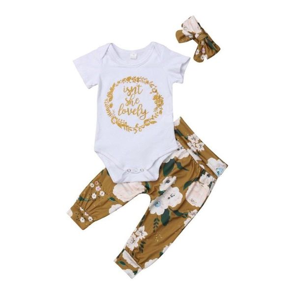 

3pcs newborn baby girl boy clothes short sleeve floral print romper+flower pants+headband baby girl boy set infant clothing set, White