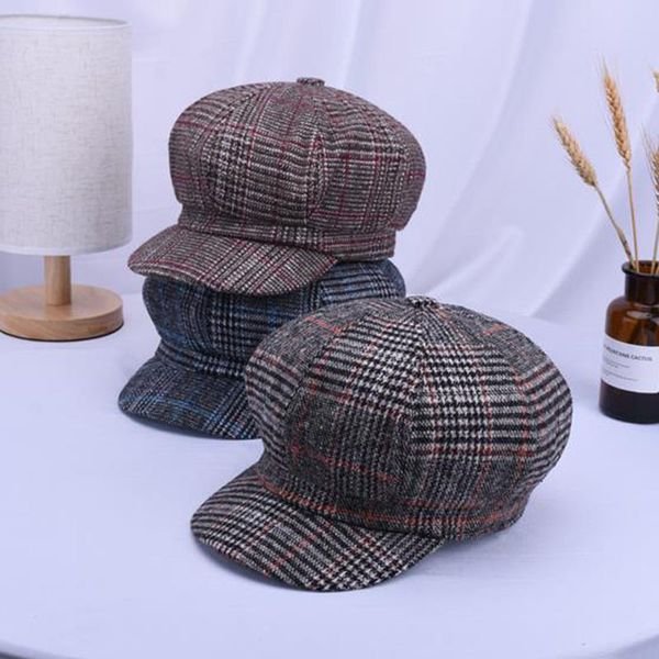 

plaid octagonal beret female winter newsboy hat for woman lady vintage beret stylish artist painter newspaper caps new fashion, Blue;gray