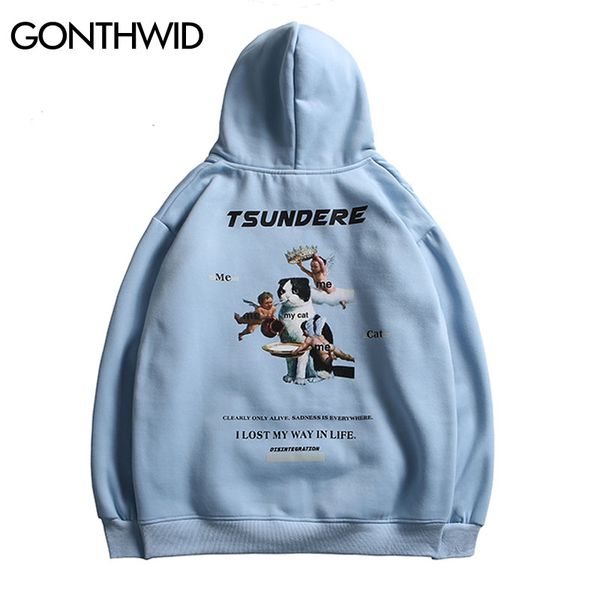 

gonthwid tsundere cat angels print fleece hooded sweatshirts hoodies hip hop fashion streetwear pullover harajuku hipster casual hoodie, Black