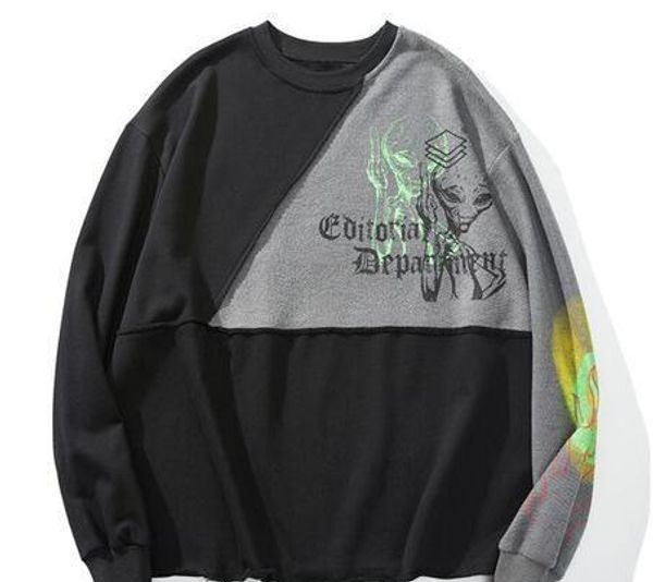 

middle finger alien fire flame print color block patchwork sweatshirts hoodies streetwear hip hop hispter pullover, Black
