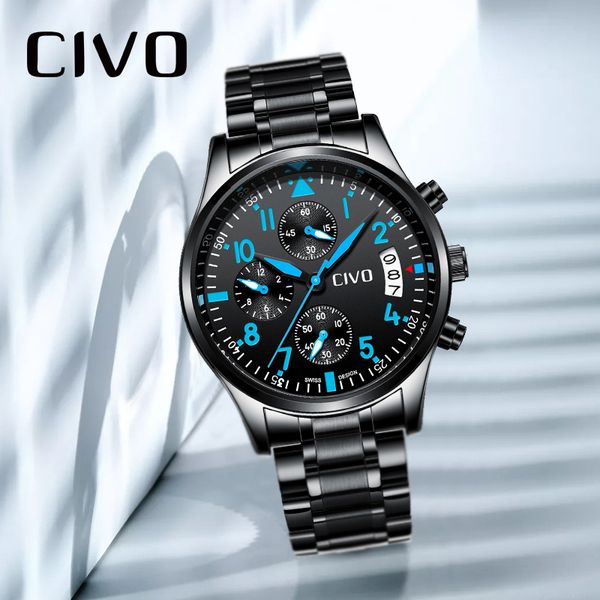 

civo new fashion mens watches big dial quartz watch leather waterproof sport chronograph watch men, Slivery;brown