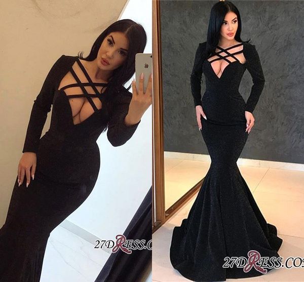 

black formal evening party dress 2019 deep v neck hollow out mermaid long sleeves prom gowns special fashion wear bc0315, Black;red
