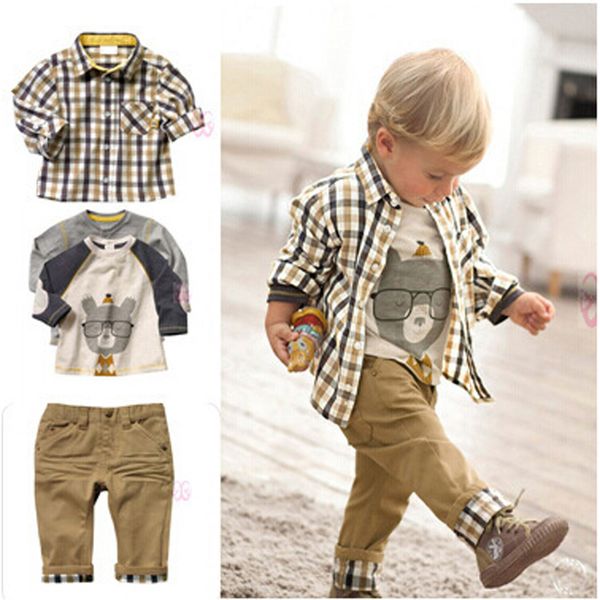 

acthink new design baby boys european style 3pcs clothing set brand boy plaid cartoon t shirt suits with loose soft jeans, c018 t200404, White