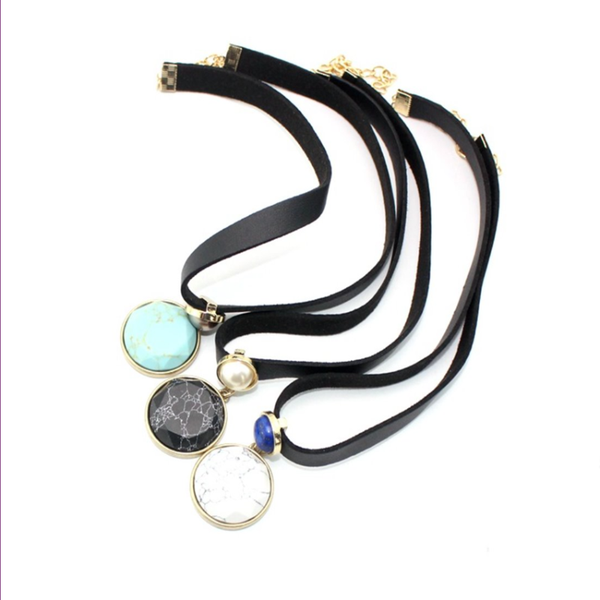 

light yellow gold color layer many style turquosies stone pendant choker necklace with black rope chain jewelry, Silver