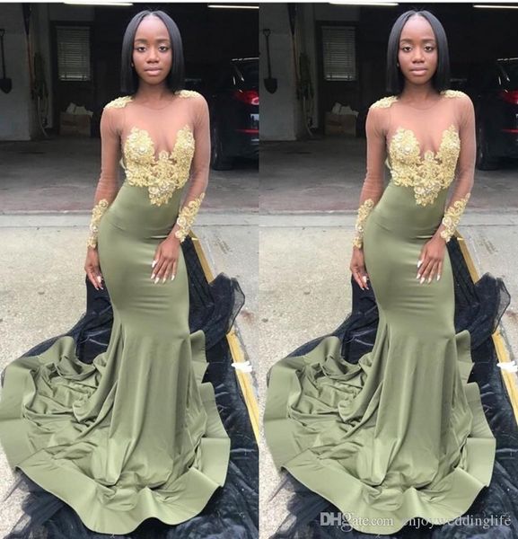 

illusion long sleeves gold applique olive mermaid prom dresses arabic dubai satin evening dress formal dress robe de soiree, Black
