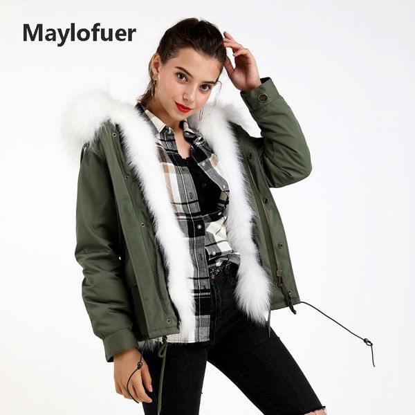 

maylofuer real fur parka short design raccoon fur collar hood jacket women coat, Tan;black