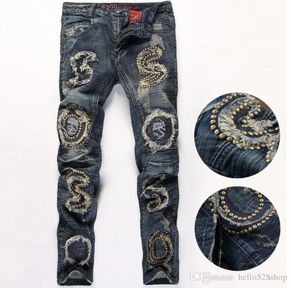 

men's pants spliced broken nightclub hole slimming straight fit designer bliker jeans hip hop style patches badge trousers, Blue