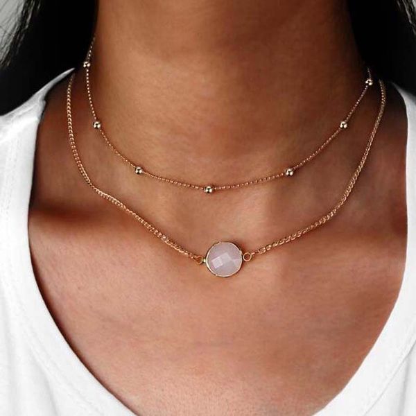 

natural crystal pendant choker necklace multi-layer bead boho alloy gold short chain necklaces women jewelry fashion accessories, Golden;silver