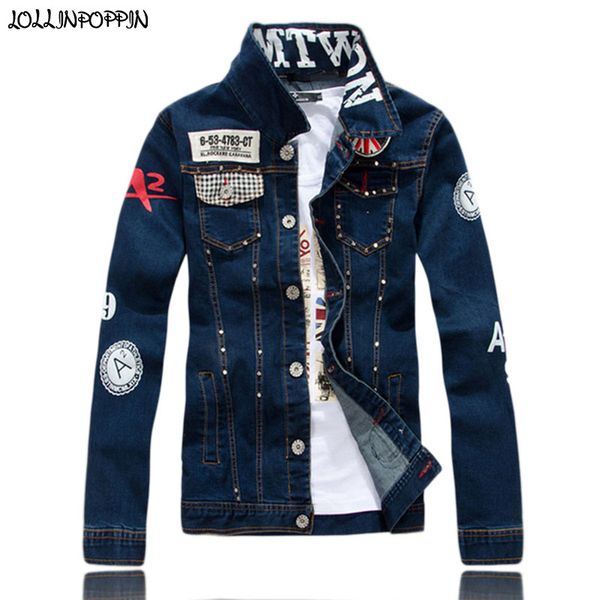 

men riveted deep blue denim jacket embroidery badges embellished punk men jean jacket chest pockets denim coat, Black;brown