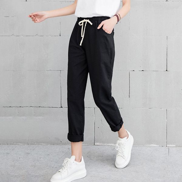 

women designer pants women trousers women new casual harajuku spring autumn big size long trousers solid elastic waist linen pants, Black;white