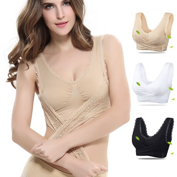 

veqking women's seamless sports bras lace cross front side buckle closure yoga bra wireless running vest gym fitness sports top, White;black