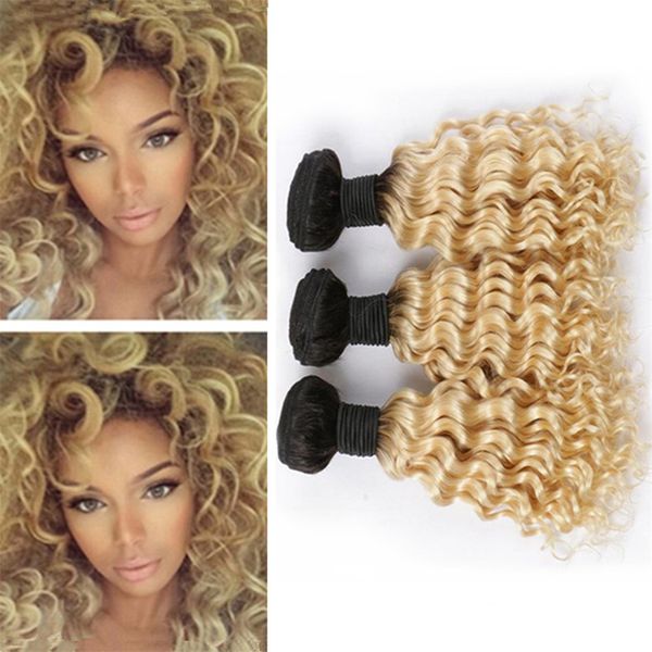 Dark Roots Blonde Ombre Brazilian Curly Hair 3 Bundles Deals Deep