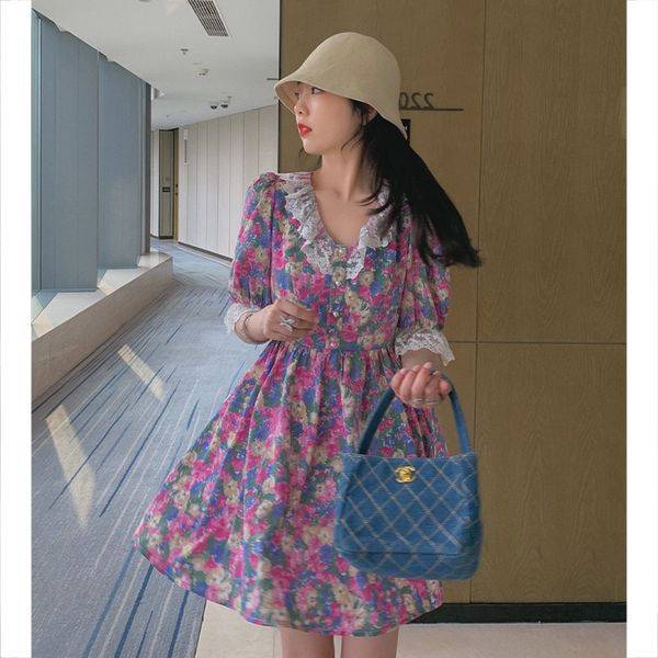 

floral mesh five-point sleeve dress female spring and autumn 2020 new french retro sweet temperament waist princess dress, Red