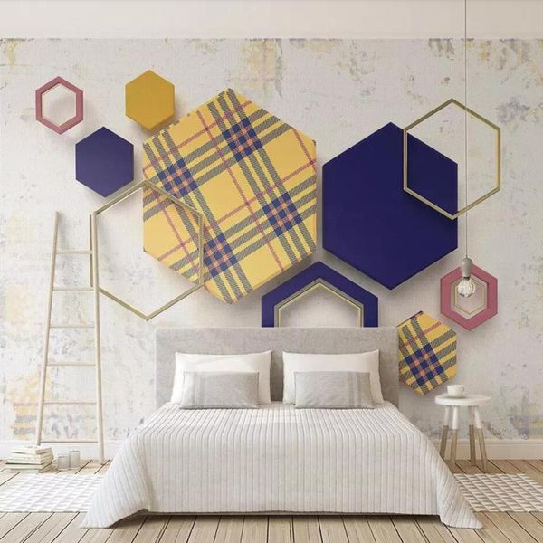 

drop shipping custom 3d wallpaper mural retro geometric hexagon plaid 3d fabric background wall decoration wallpaper mural