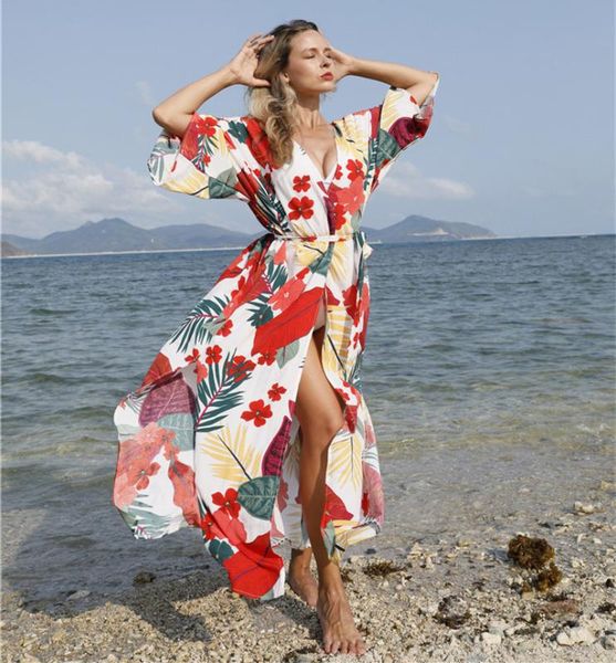 

floral print kaftan beach dress pareos de playa mujer beach wear oversize bikini cover up robe plage sarong tunic