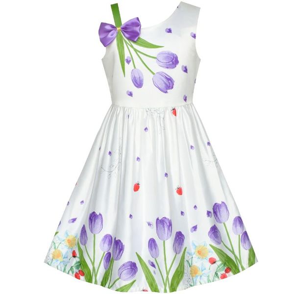 

girls dress purple tulip flower bow tie one shoulder 2020 summer princess wedding party dresses kids clothes pageant sundress, Red;yellow