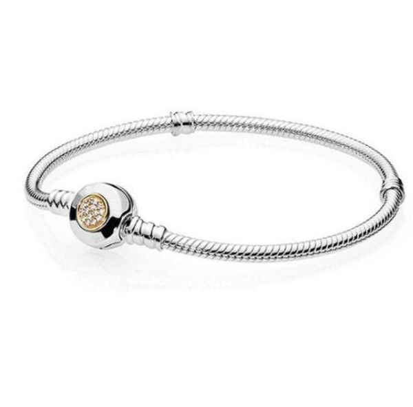 

original 925 sterling silver momemts two-tone signature snake chain pan bracelet bangle fit women bead charm jewelry, Golden;silver