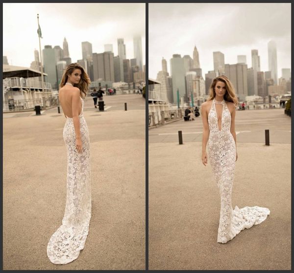

2019 new berta lace wedding dresses halter v neck illusion bodice sweep train open back mermaid bridal gowns, White