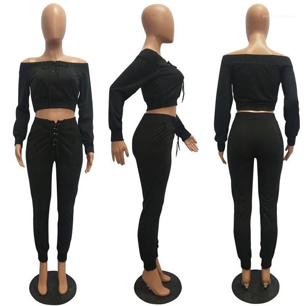 

tracksuits slim 2pcs pants solid color long sleeved pullover womens fashion tracksuits slash neck womens, White