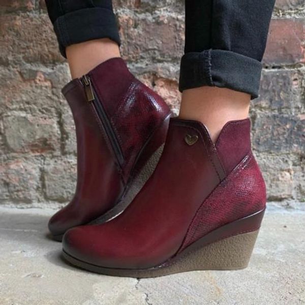 

monerffi short boots women's wedge zipper vintage ankle boots pu leather shoes for women british style round toe shoes bota, Black