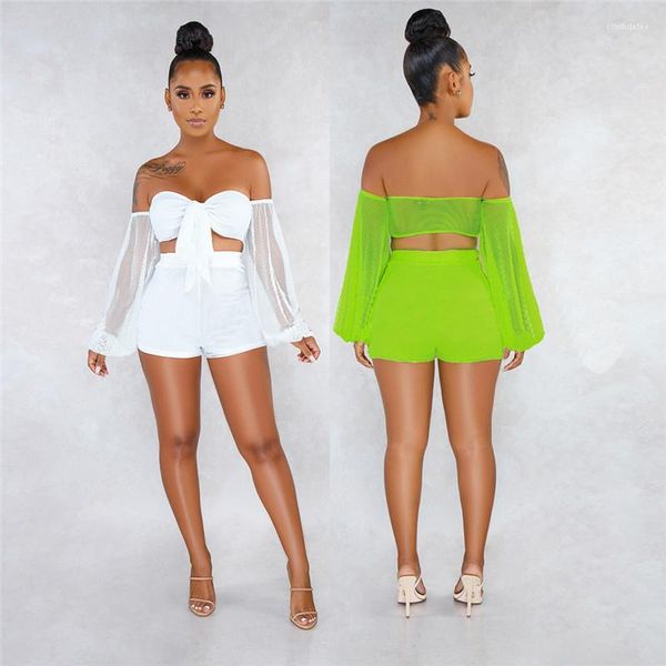 

piece womens shorts sets solid color long sleeve sheer high waist womens 2pcs sets perspective two, White
