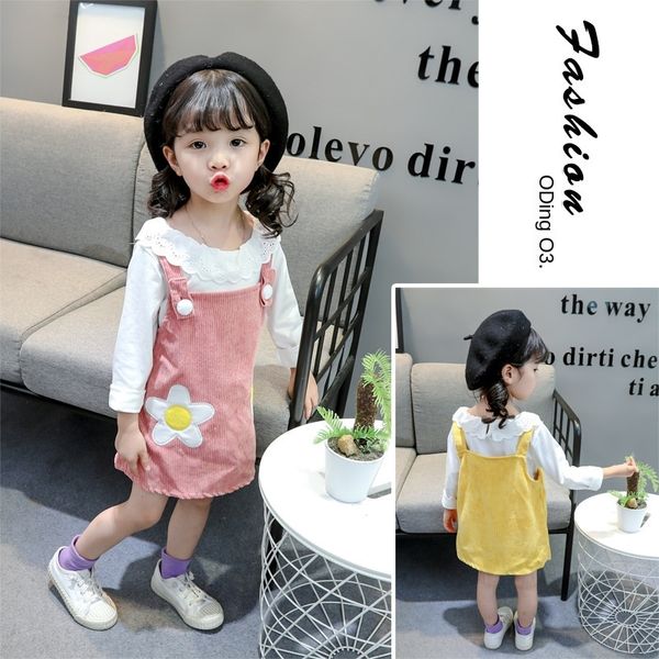 

autumn 2020 children's sweet girls' children's suit long-sleeved flower strap skirt two-piece suit