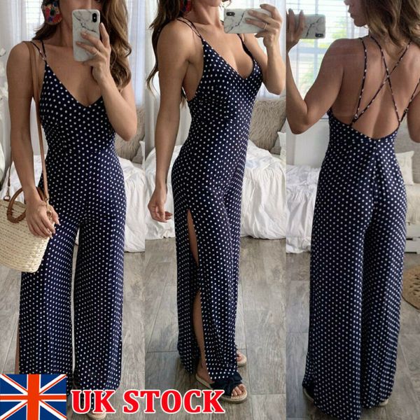 

uk womens casual long length white polkadot print wide leg jumpsuit ladies evening party playsuit size 6-14