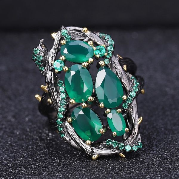 

gem's ballet natural green agate gemstone rings 925 sterling silver handmade hollow element ring for women bijoux fine jewelry
