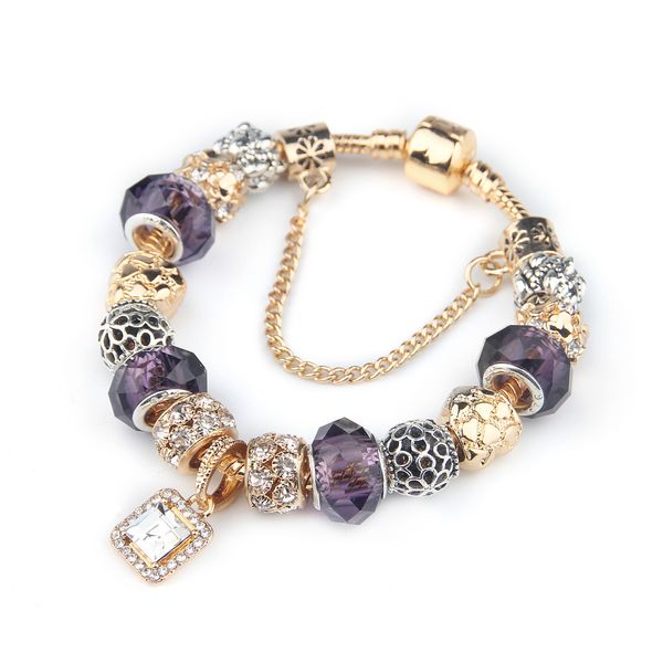 

(without box) spc silver plated lucky clover purple crystal &glass beads women charm diy brand bracelet mother's day c190420, Golden;silver