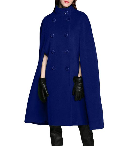 

британский стиль двубортный сплошной цвет накидка шерстяное пальто средней длины шерстяное пальто женское, Black