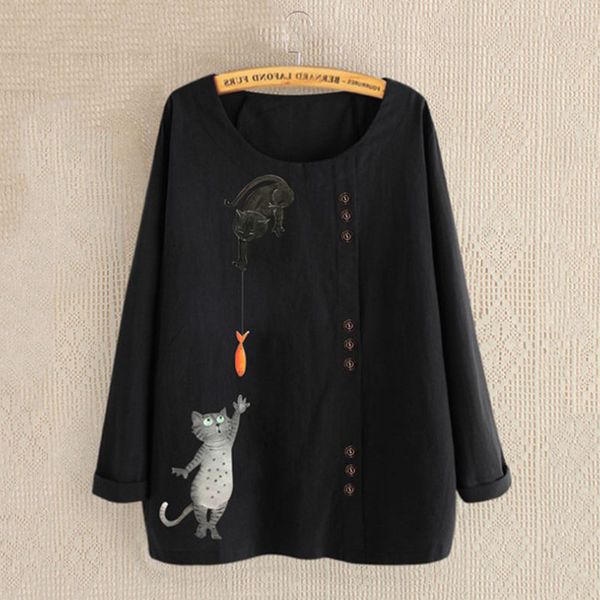 

2019 autumn new round neck pullover cartoon animal cotton and linen women's t-shirt long sleeve long section, Black