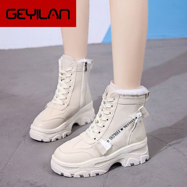 

new winter women ankle snow boot leather fur wedges warm plush rubber platform lace up punk black ladies shoes botas mujer