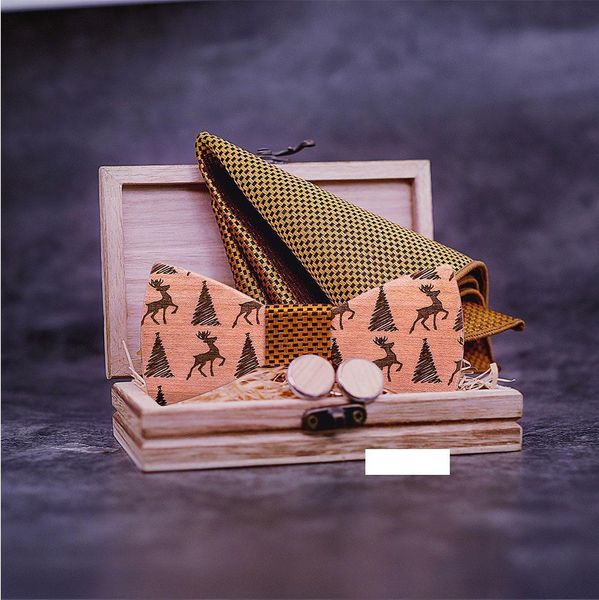 

fashion handmade maple wooden bow tie handkerchief suit christmas elk pattern men's novelty neckties for party with wood case, Blue;purple