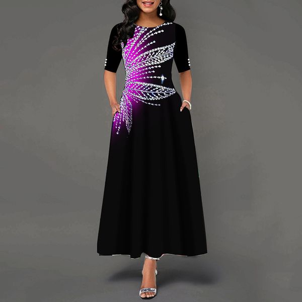 

a line women maxi dress half sleeve female retro standard-waist dress 2019 autumn winter round neck vintage dress, Black;gray