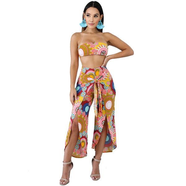 

new women floral print two piece set summer crop split wide leg pants bohemian suits slash neck loose women outfits, White