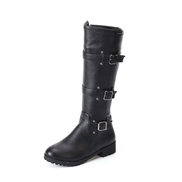 

pqecfs big size 33-4450 2019 spring & autumn women solid buckle mid-calf boots 3 colors, Black